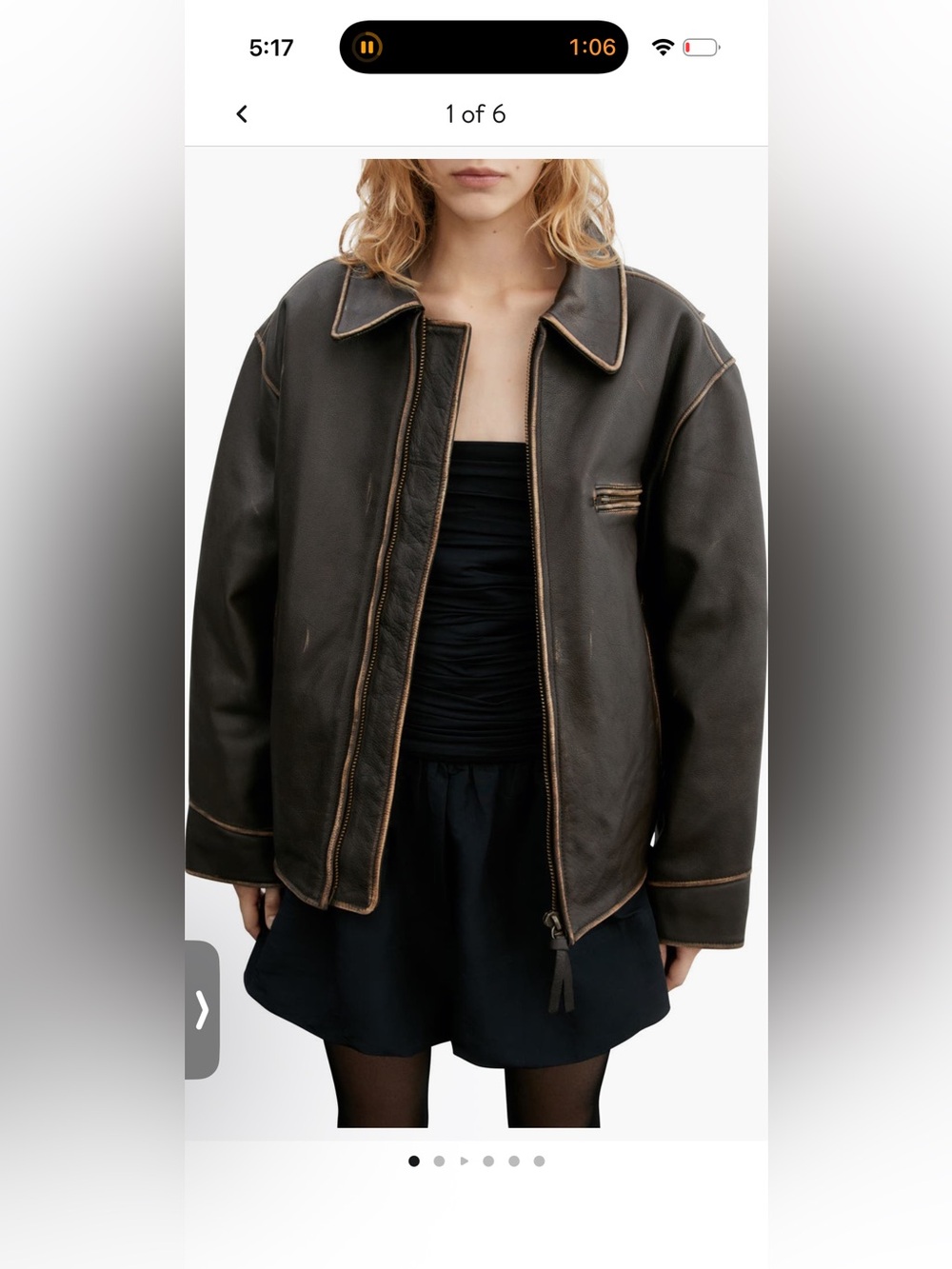 Mango Men's Dark Brown Leather Bomber Jacket with Contrast Trim